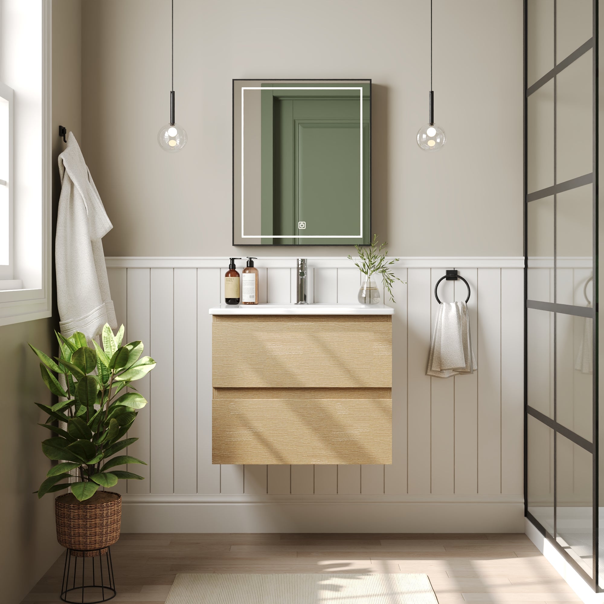 24" Floating Bathroom Vanity, with Pre-drilled Holes, Soft Closing Drawers, Natural Wood Color