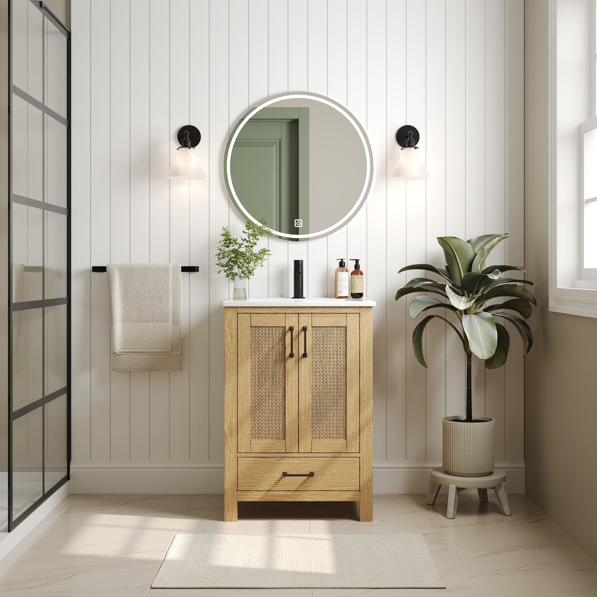 24" Pre-assembled Bathroom Vanity, Soft-close Vanity for Bathroom with Holes, Natural Wood Color