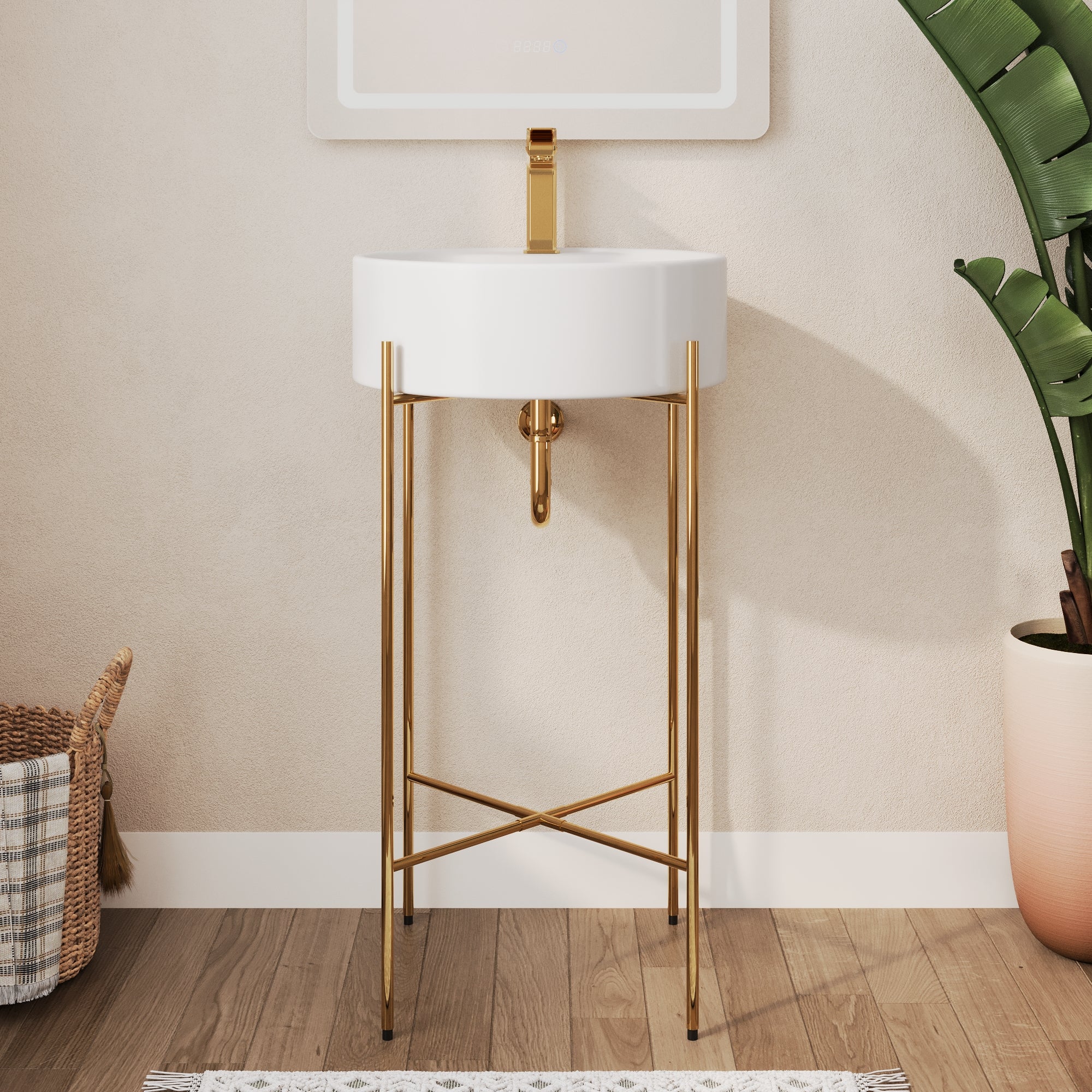 Bathroom Console Sink, Round Bathroom Sink with Chrome/Gold/Black Legs Support Ceramic Sink with Overflow.