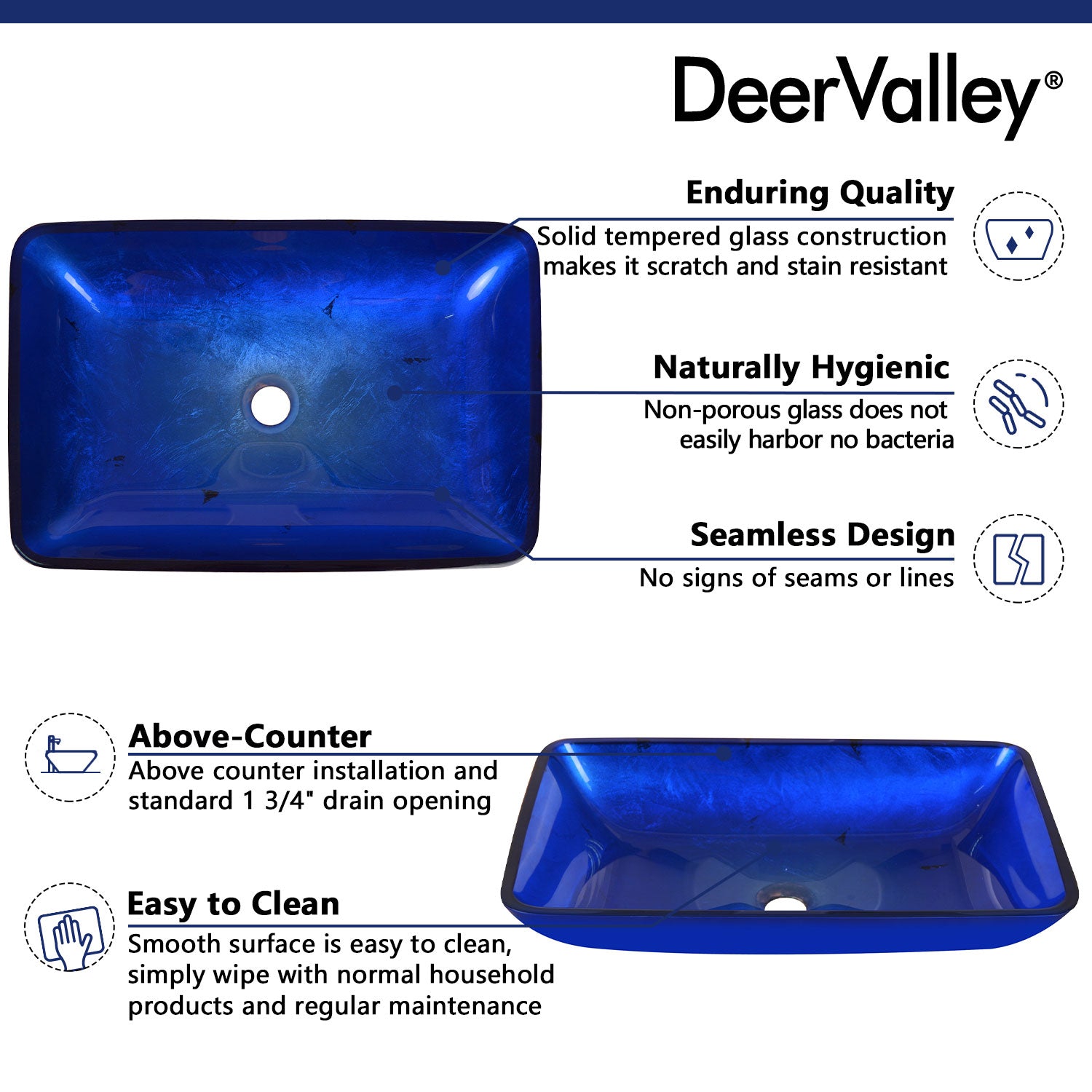 DeerValley Bath DeerValley DV-1G0003 Rectangular Tempered Glass Bathroom Vessel Sink Vessel sink