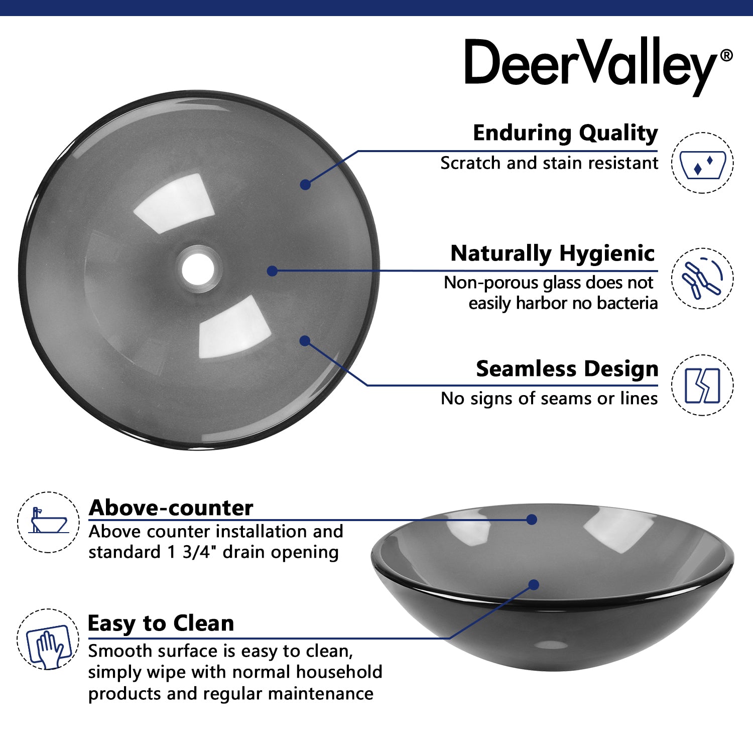 DeerValley Bath DeerValley DV-1G0008 Glass Circular Vessel Bathroom Sink Vessel sink