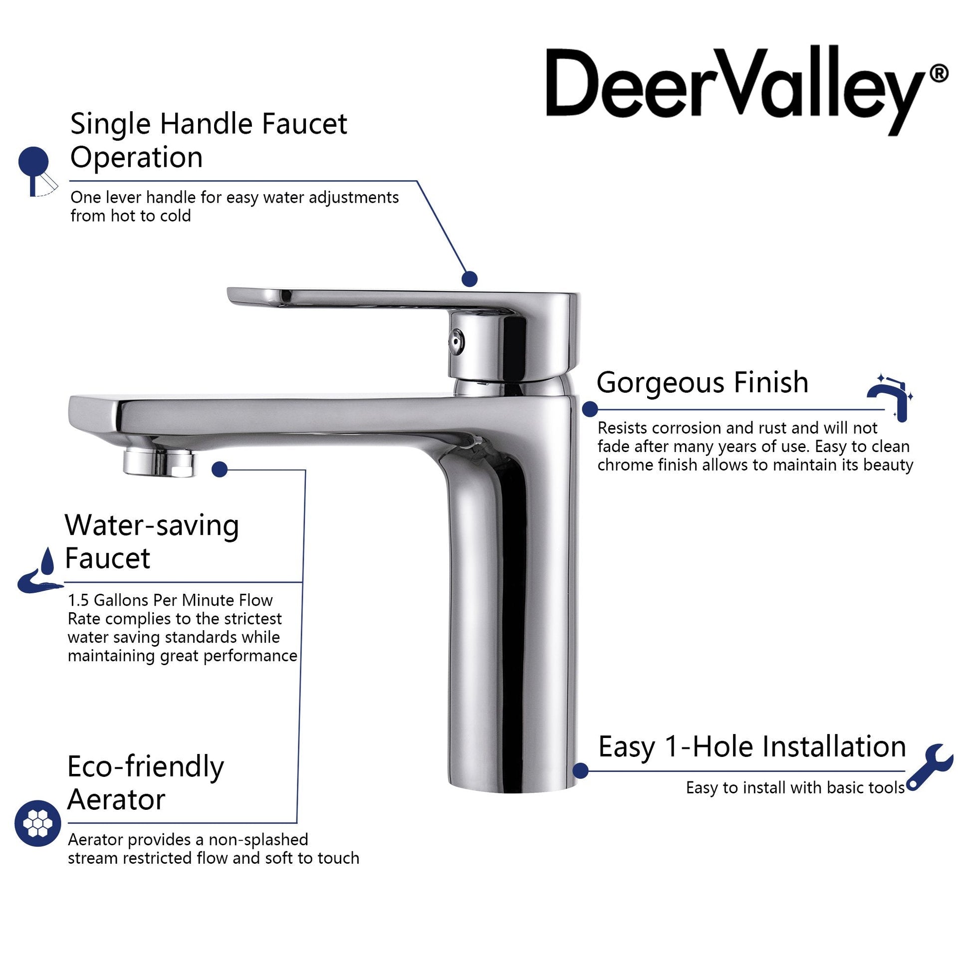 DeerValley Bath DeerValley DV-1J82802 Liberty Single Hole Brass Silver Bathroom Chrome Finished Faucet Faucet