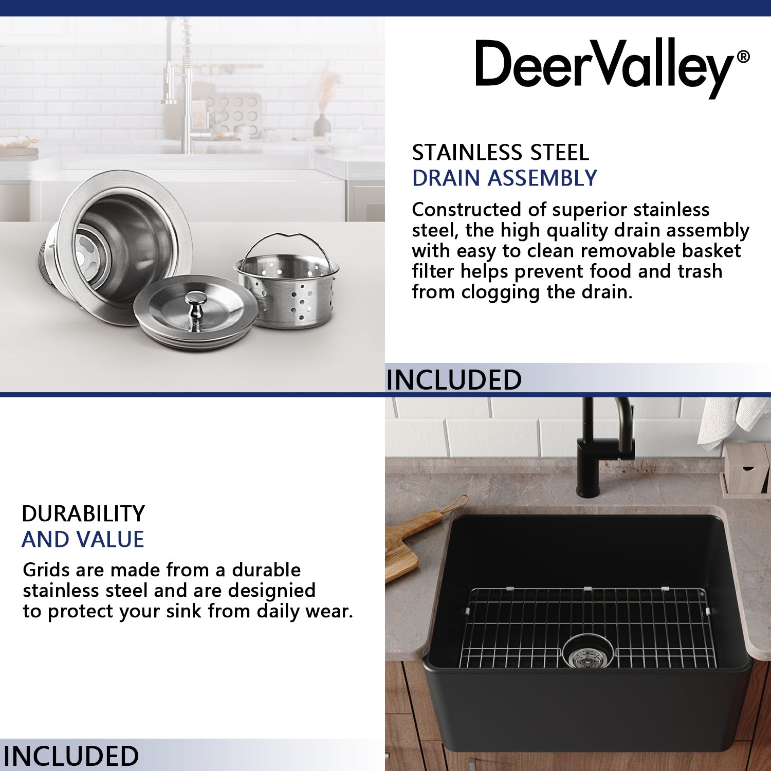 DeerValley Bath DeerValley DV-1K0012 Perch Fireclay 24" L x 18" W Farmhouse Kitchen Sink Kitchen Sink