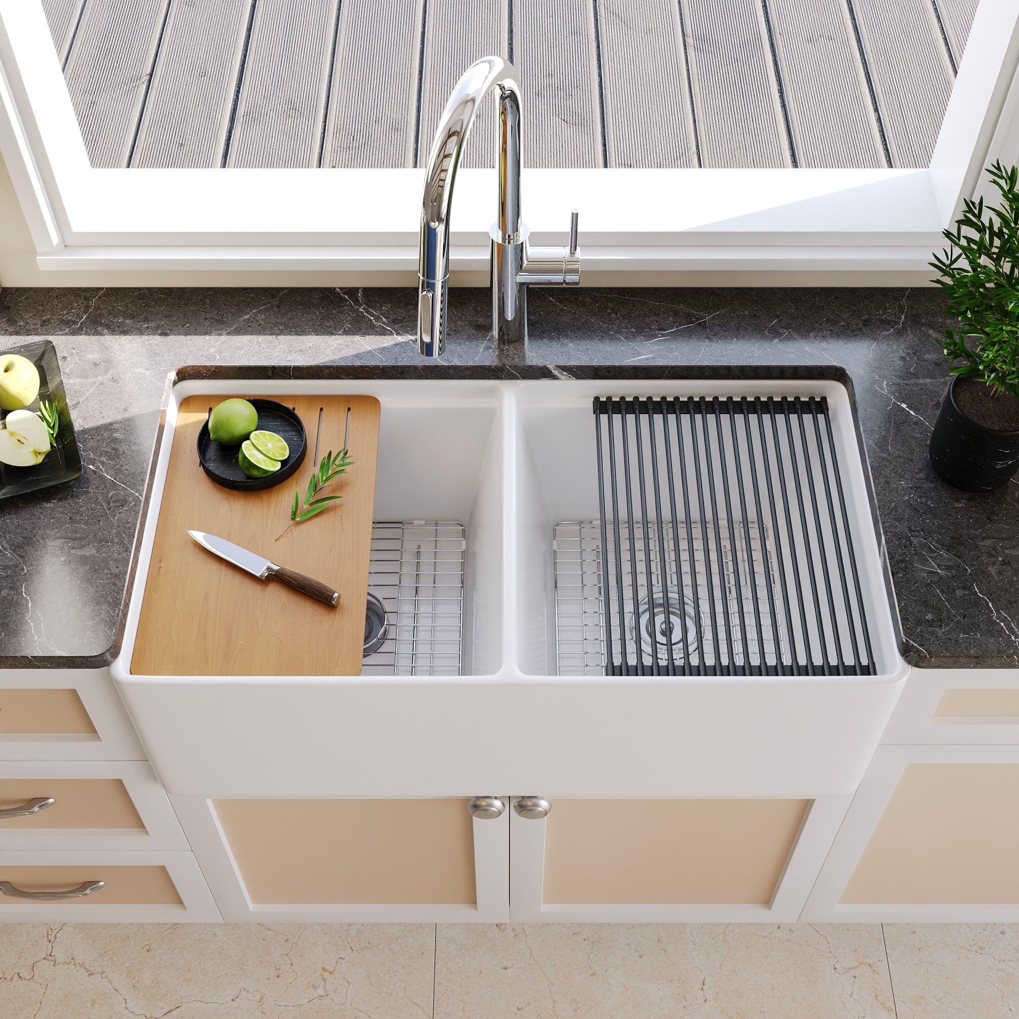 DeerValley Dv-1k026 Ceramic Farmhouse Kitchen Sink with Grid and Strainer,30 inch L x 18 inch W x 10 inch H, Size: One Size