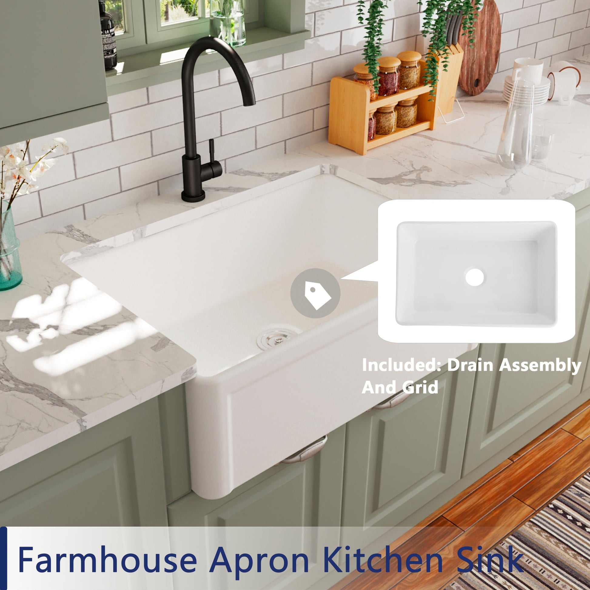 DeerValley Bath DeerValley DV-1K016 Harvest 30" L x 20" W Farmhouse Ceramic Large Capacity Kitchen Sink with Apron Front Designed Kitchen Sink