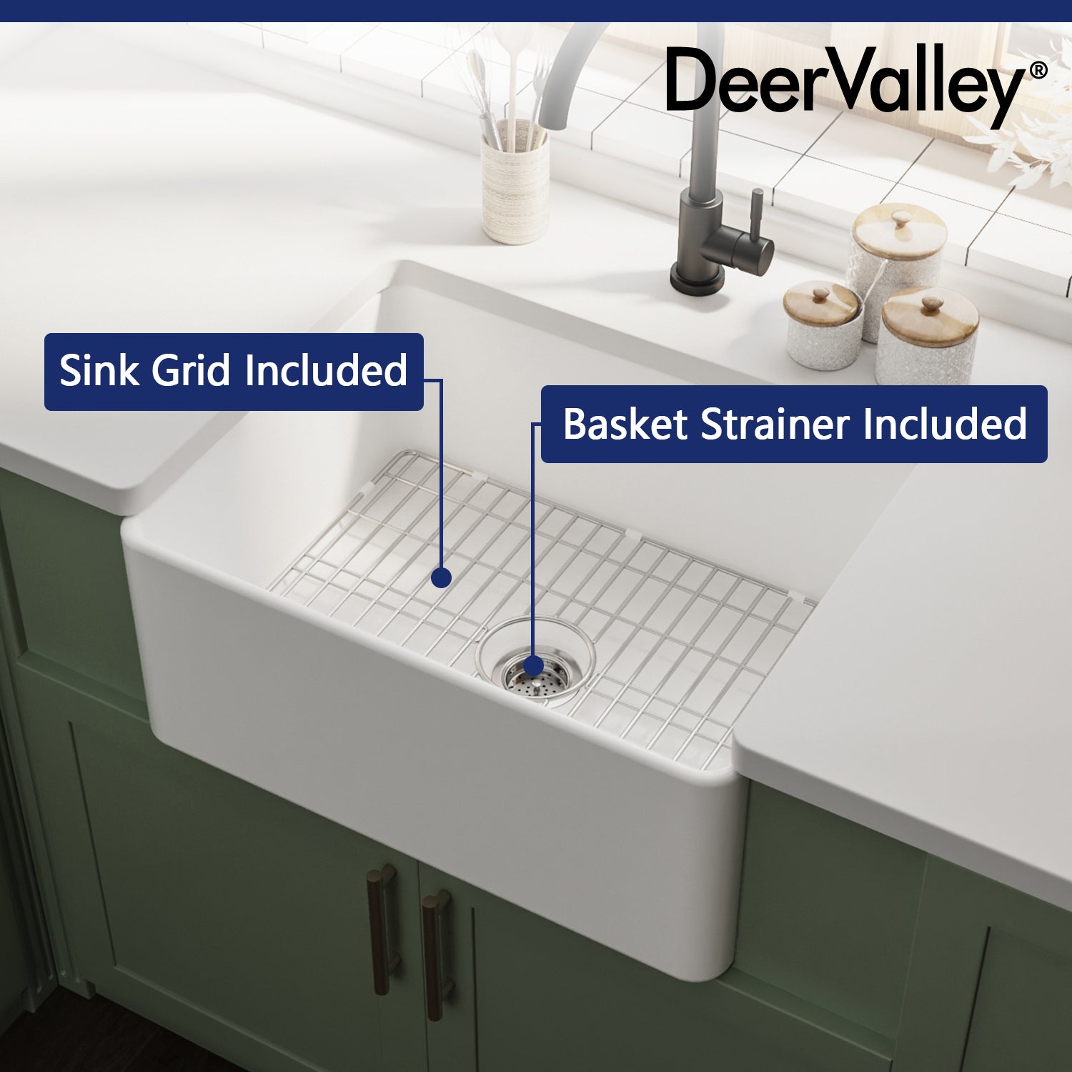 DeerValley Bath DeerValley DV-1K501 Perch Fireclay 24" L x 18" W Farmhouse Kitchen Sink Kitchen Sink