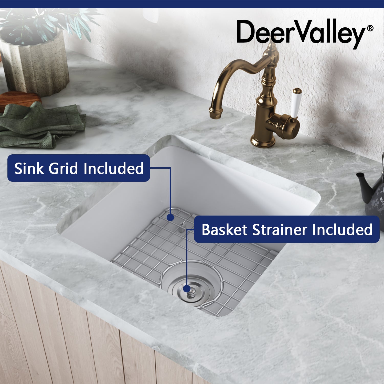 DeerValley Bath DeerValley DV-1K507 Haven Square Fireclay 18.11" L x 18.11" W Farmhouse Kitchen Sink