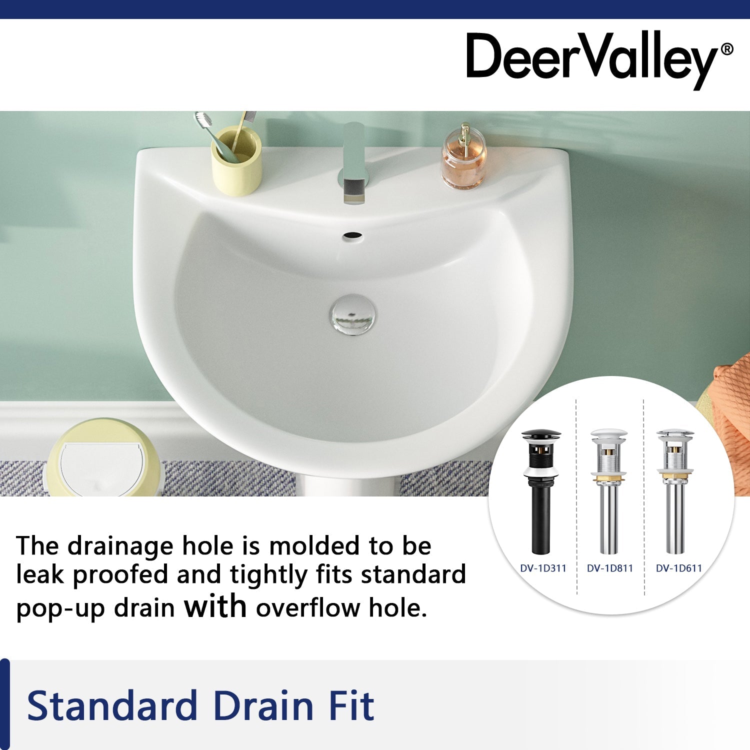 DeerValley Bath DeerValley DV-1P523 Liberty 20" X 17" U-Shape White Ceramic Pedestal Bathroom Sink With Overflow