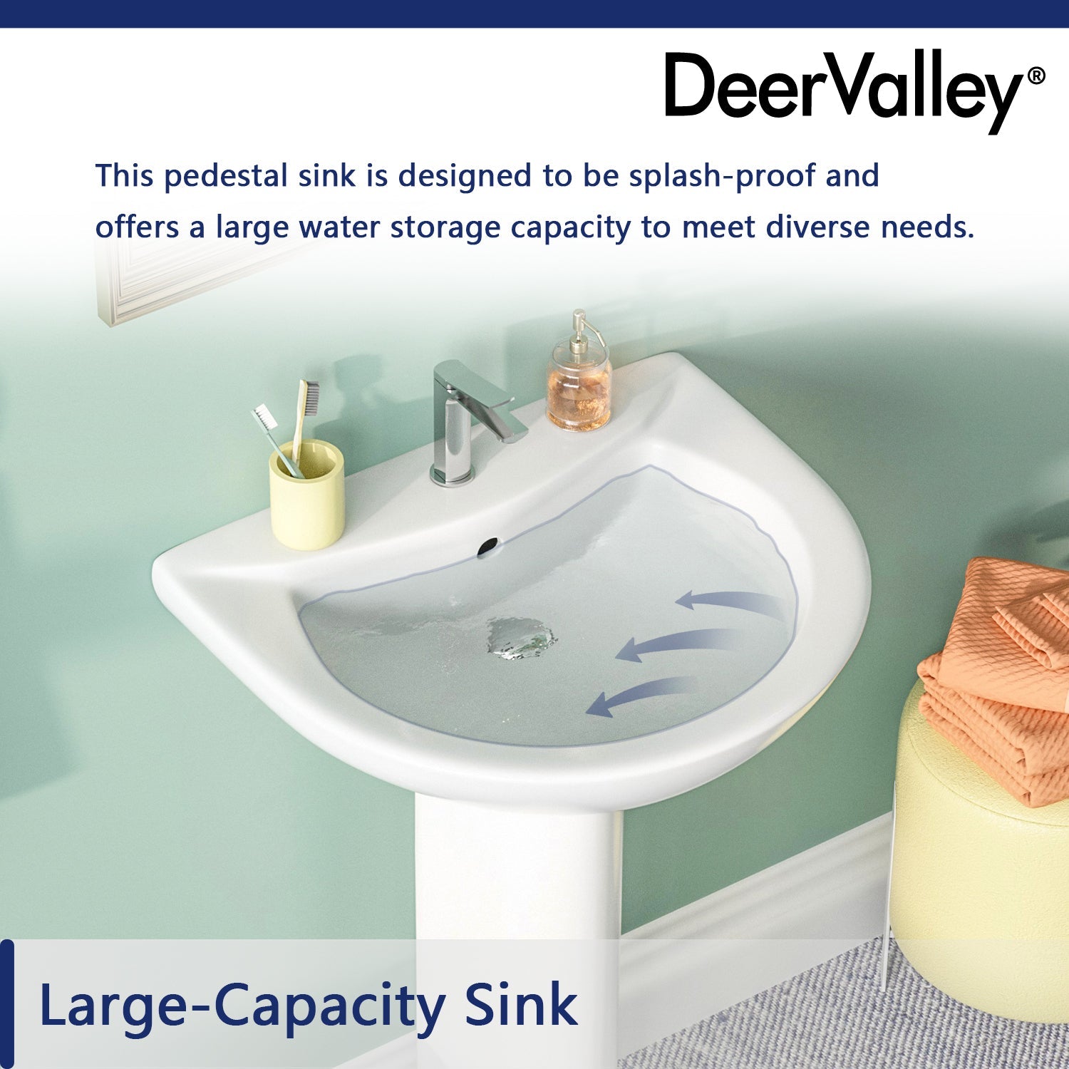 DeerValley Bath DeerValley DV-1P523 Liberty 20" X 17" U-Shape White Ceramic Pedestal Bathroom Sink With Overflow