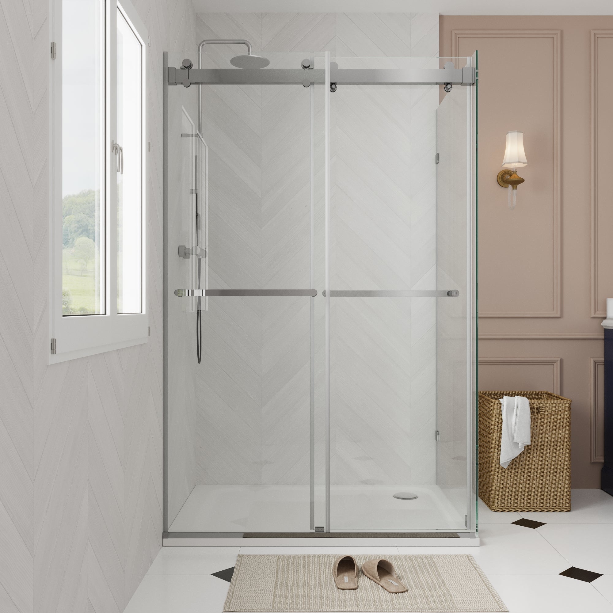 Sliding Frameless Shower Enclosure with 3/8" Clear Glass, Stainless Steel Accessories