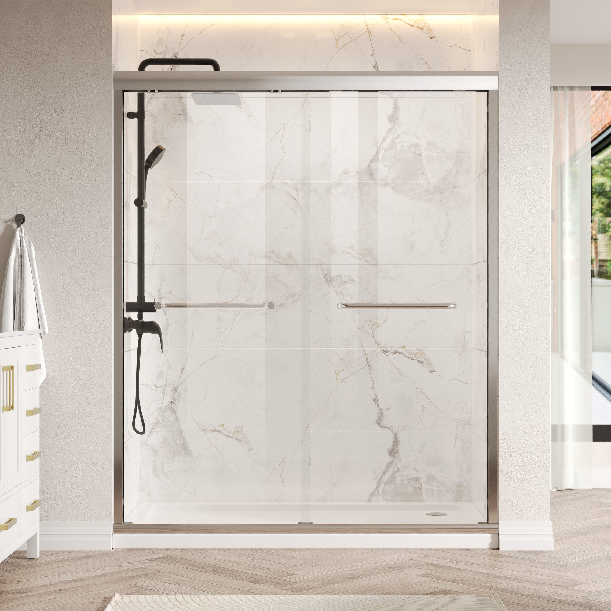 56 in. - 60 in. W x 76 in. H Semi-Frameless Sliding Shower Door,Silver Finish / Black Finish