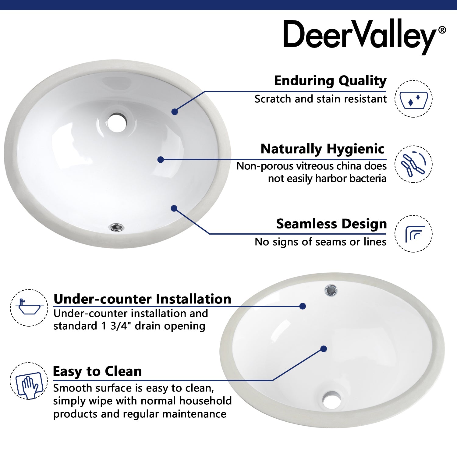 DeerValley Bath DeerValley DV-1U302 Liberty 17" X 14" Oval Vitreous China Undermount Bathroom Sink With Overflow Hole Undermount Sinks