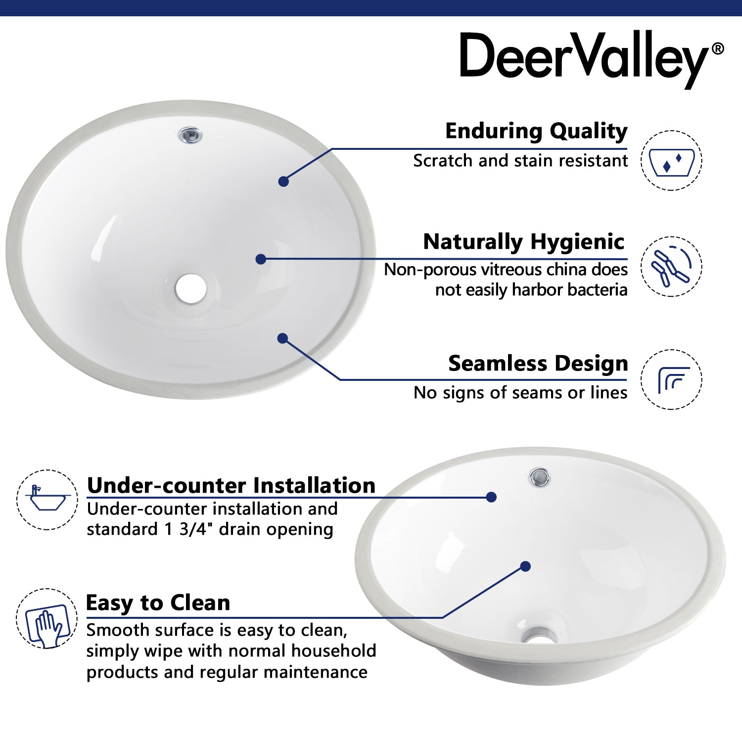 DeerValley Bath DeerValley DV-1U305 Symmetry 19 1/2" X 15 3/4" Oval Vitreous China Undermount Bathroom Sink With Overflow Hole Undermount Sinks