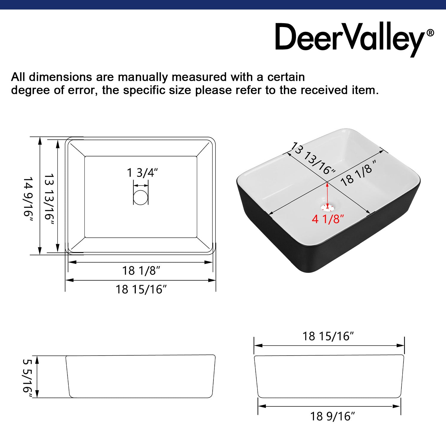 DeerValley Bath DeerValley DV-1V0001 Ally Black and White Ceramic Rectangular Vessel Bathroom Sink Vessel Sink