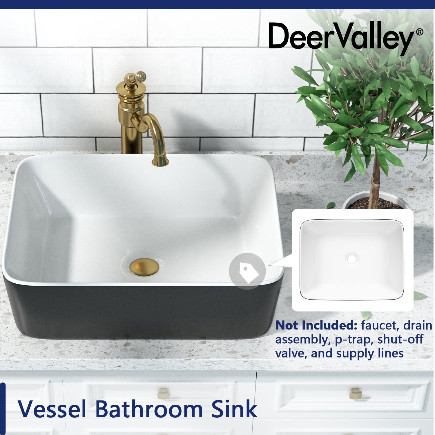 DeerValley Bath DeerValley DV-1V0001 Ally Black and White Ceramic Rectangular Vessel Bathroom Sink Vessel Sink