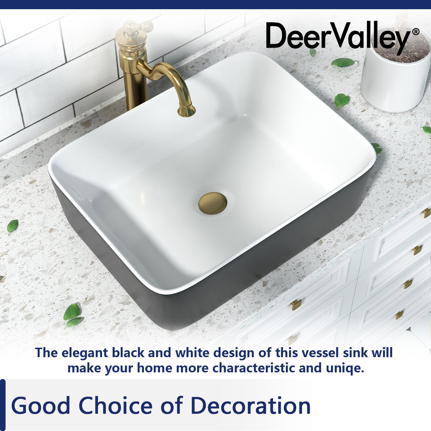 DeerValley Bath DeerValley DV-1V0001 Ally Black and White Ceramic Rectangular Vessel Bathroom Sink Vessel Sink