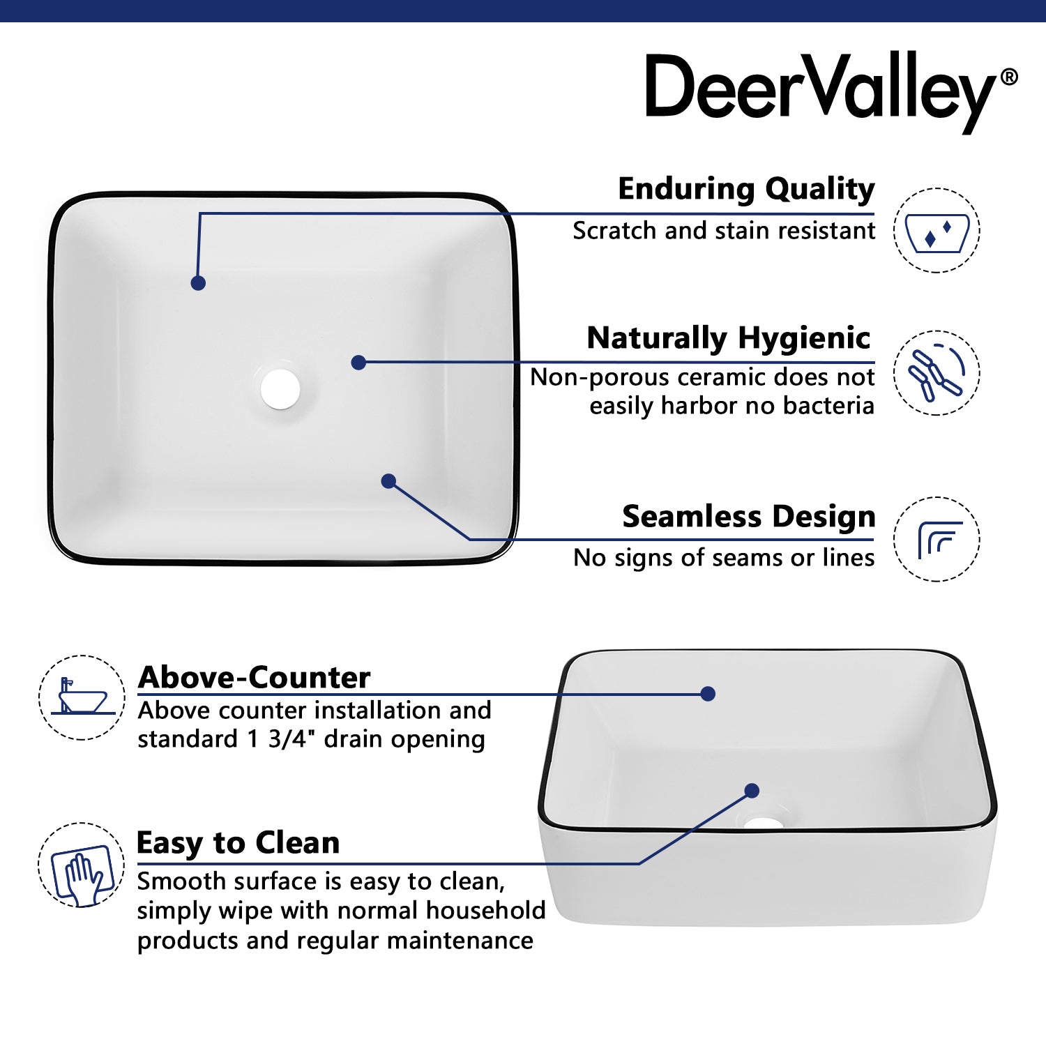 DeerValley Bath DeerValley DV-1V0002 Ally Black and White Ceramic Rectangular Vessel Bathroom Sink