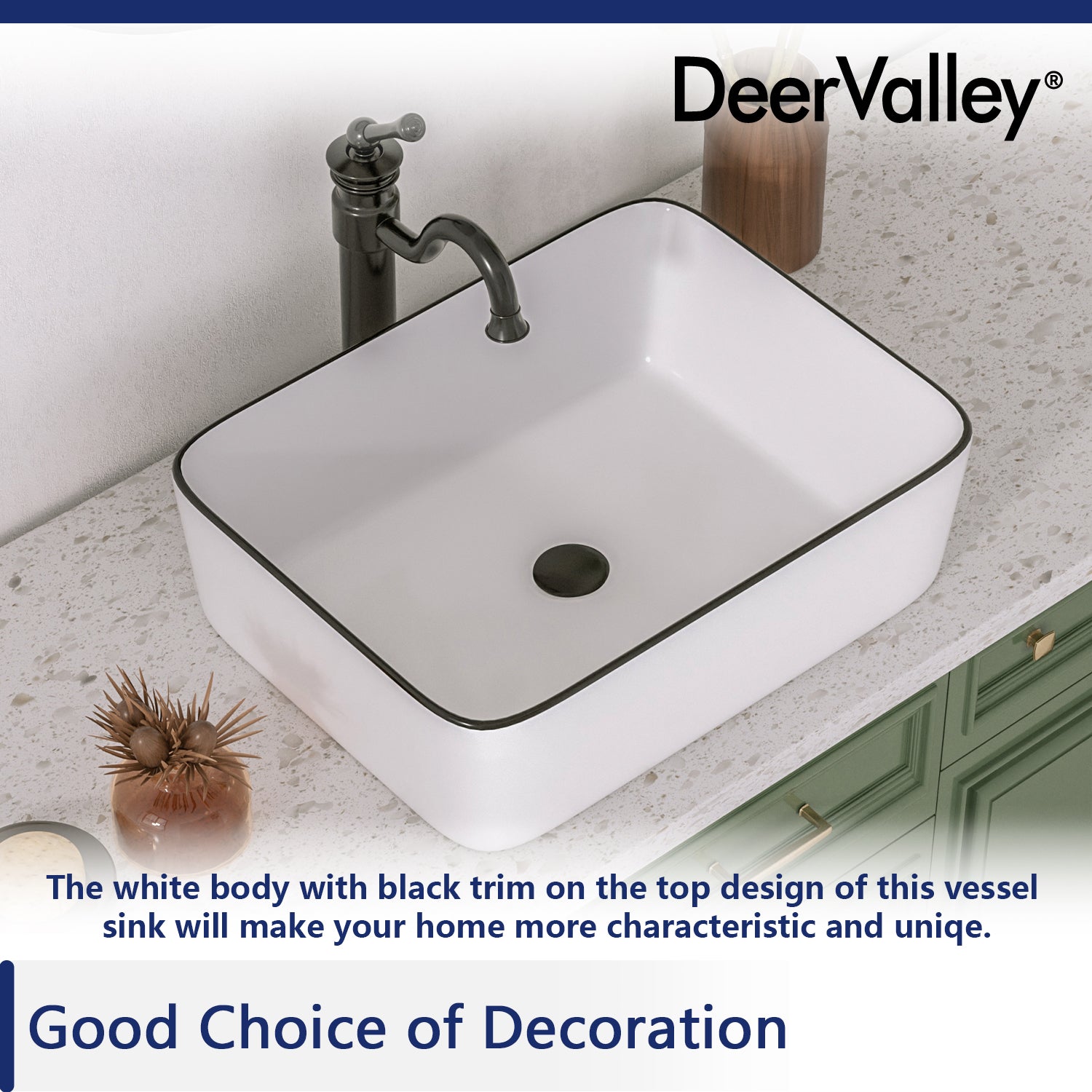 DeerValley Bath DeerValley DV-1V0002 Ally Black and White Ceramic Rectangular Vessel Bathroom Sink