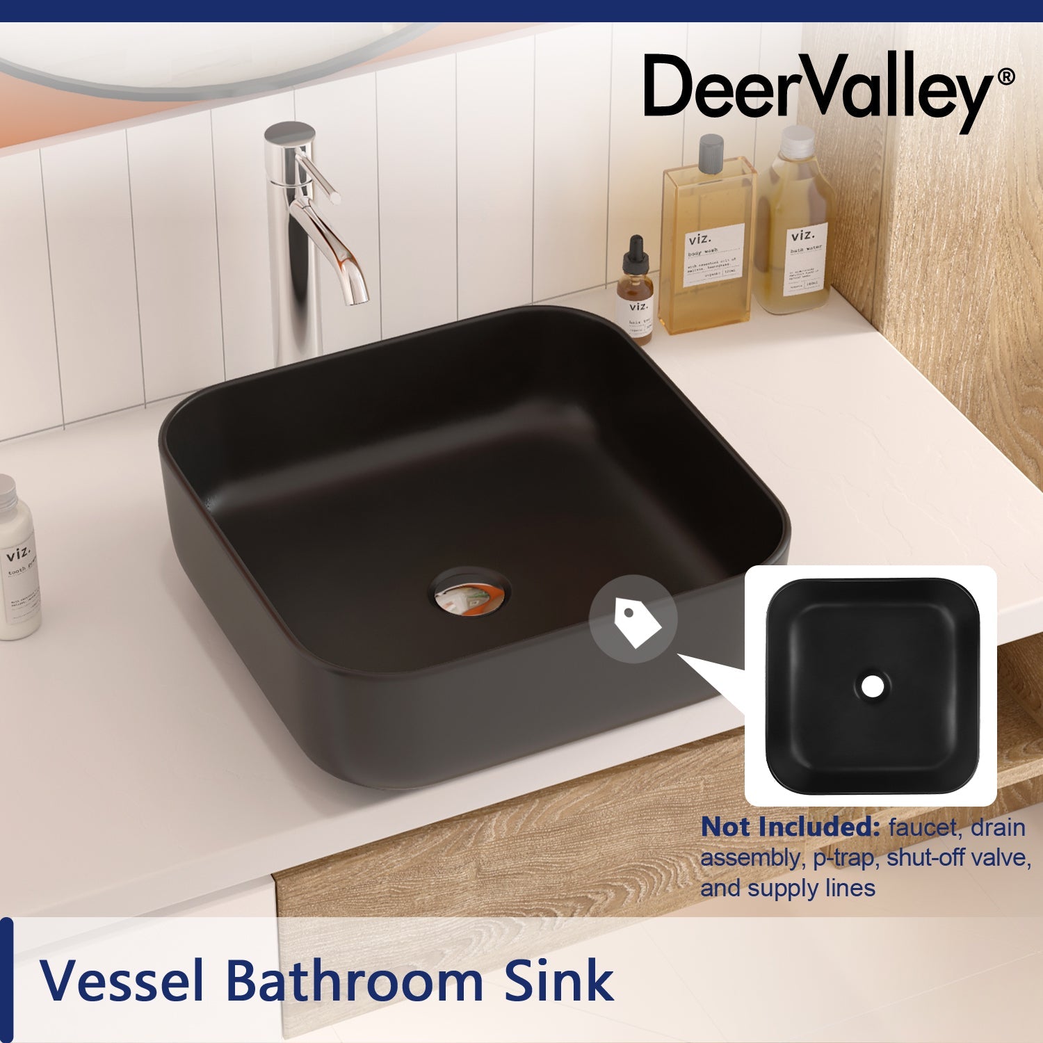 DeerValley Bath DeerValley DV-1V0023 Ace Black Ceramic Square Vessel Handmade Bathroom Sink Vessel sink