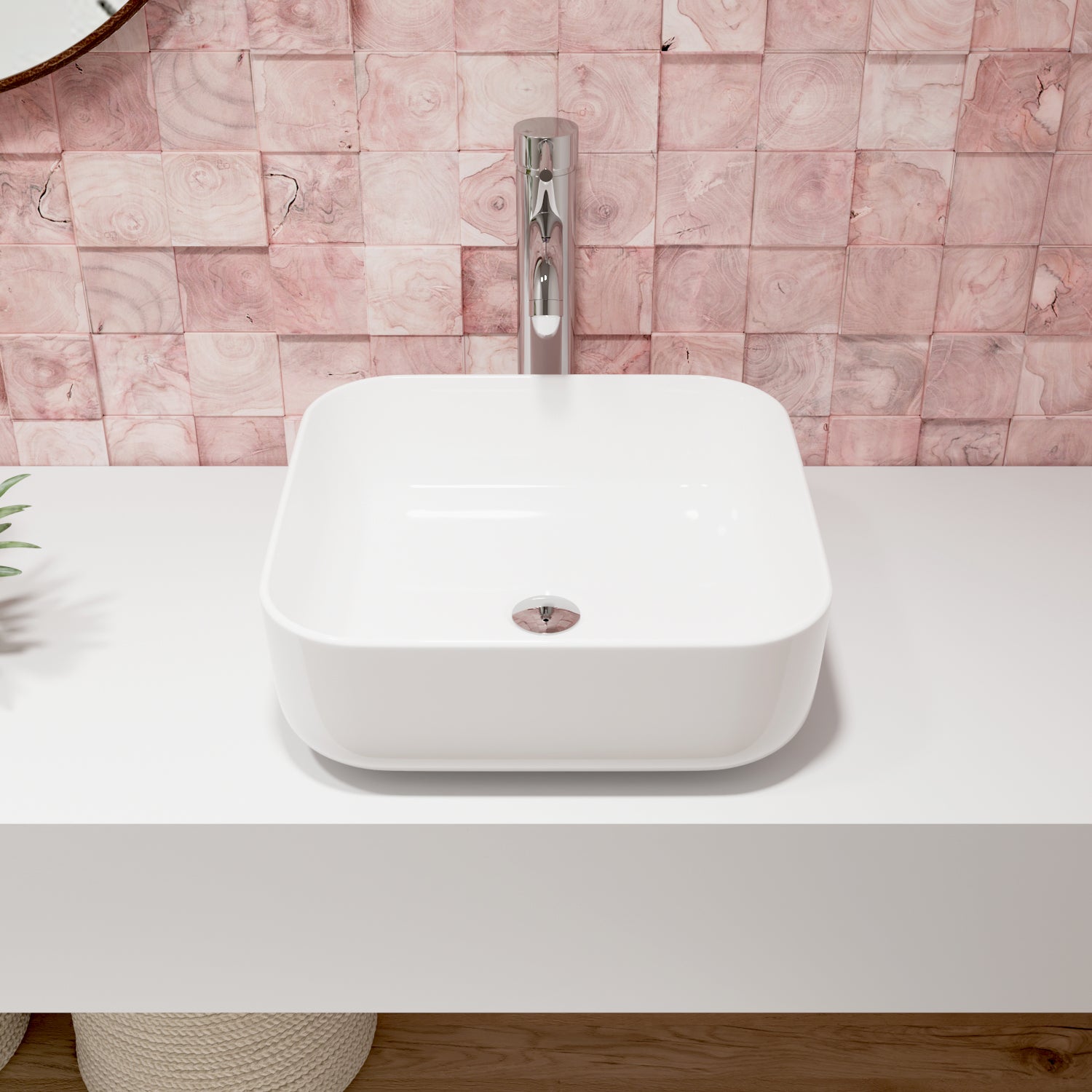 ACE 15" Square Vessel Bathroom Sink, Without Overflow