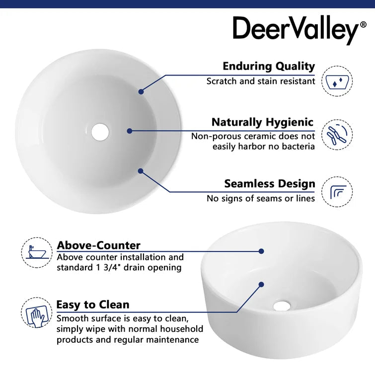 DeerValley Bath DeerValley DV-1V063 Symmetry White Ceramic Circular Vessel Bathroom Sink Vessel sink