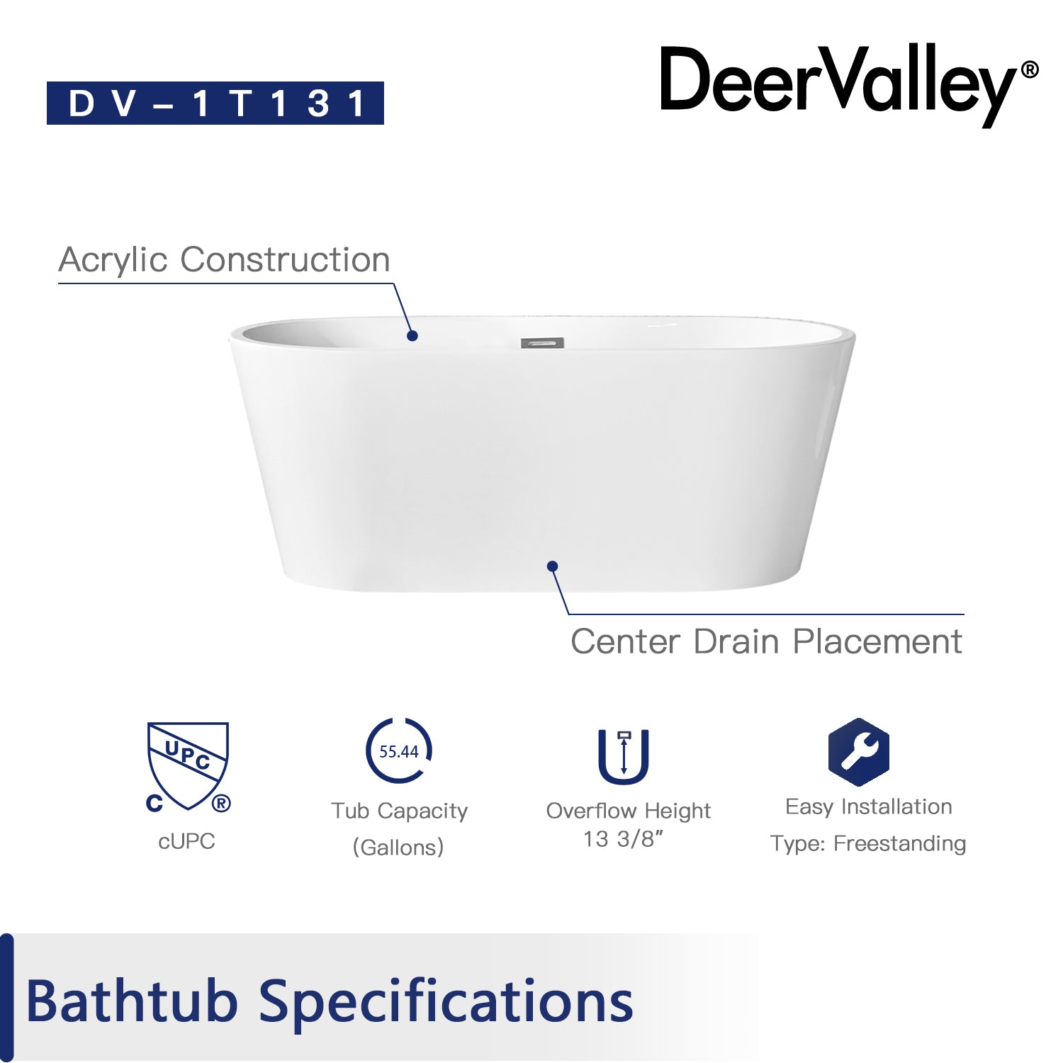 DeerValley Bath DeerValley DV-1T131 Liberty 59" X 28" Freestanding Acrylic Bathtub